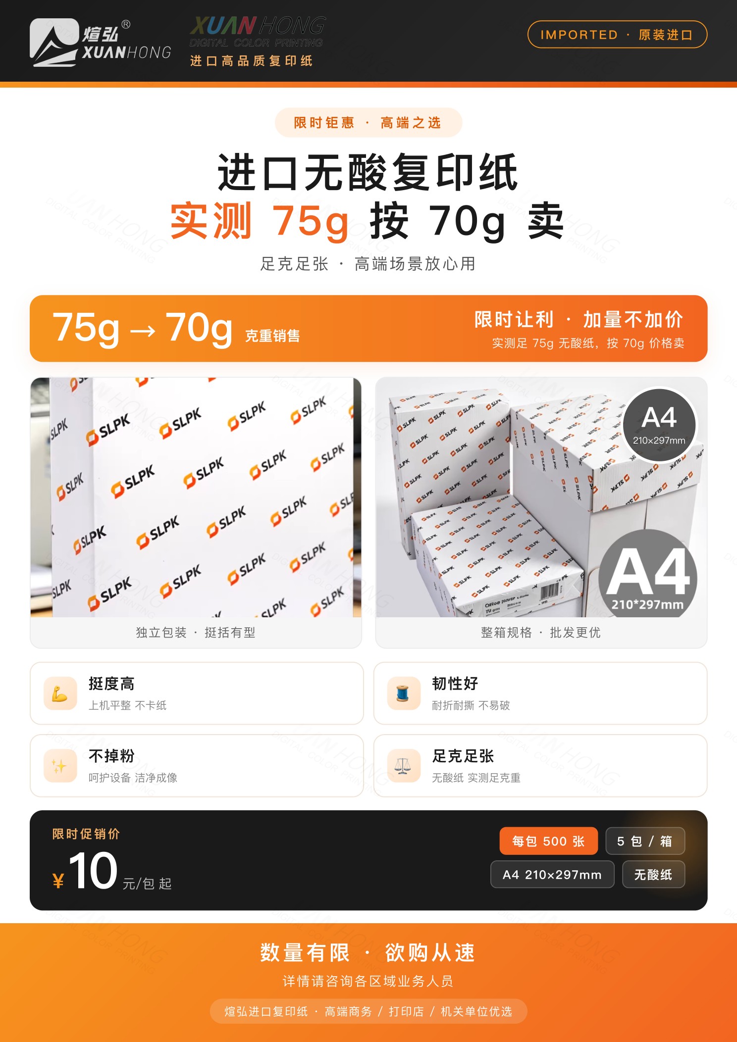 煊弘进口无酸复印纸限时促销海报：实测75g按70g卖，A4，10元/包起
